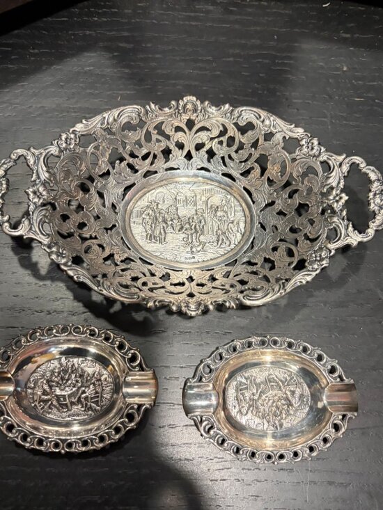 Other - Vintage Silver-Plated Repoussé Serving Bowl & Ashtray Set – European Tavern Scen